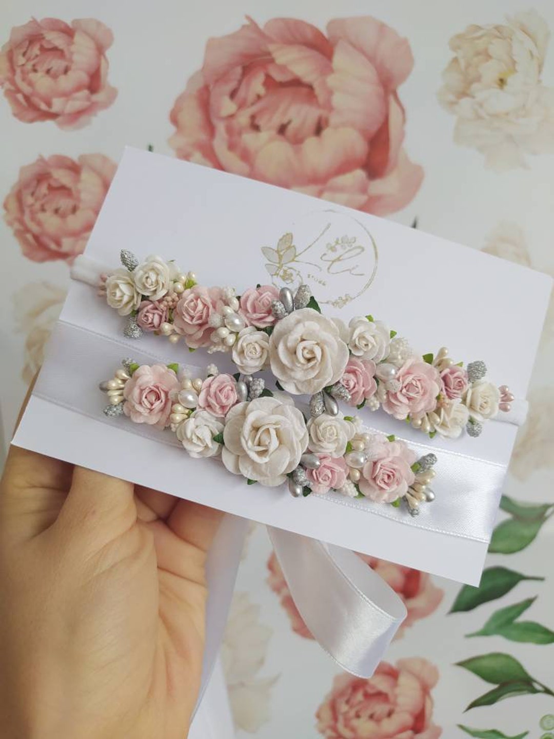 Set of baby headband and dress belt, baptism, christening, light pink