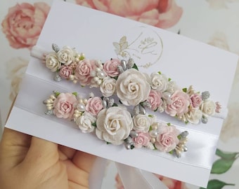 Baby Headband and Dress Belt Set, Floral Halo, Baptism Christening Gift