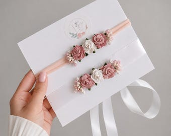 Set of small elegant baby headband and dress belt, baptism, christening, dusty pink and white, gift for newborn, first birthday, floral halo