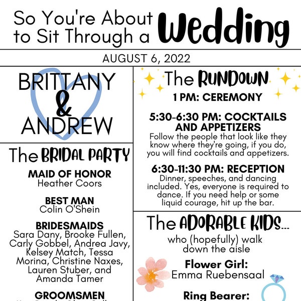 Wedding Program Infographic, Fun Wedding Program, Wedding Program Funny, Wedding Infographic, Wedding Programs, Wedding Program Template