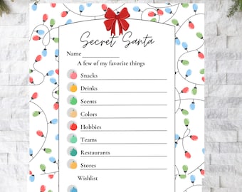 May include: A Secret Santa list with a festive design. The white paper features a string of colourful Christmas lights and a red bow. The list includes sections for snacks, drinks, scents, colours, hobbies, teams, restaurants, stores, and a wishlist.