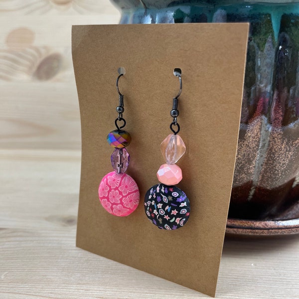 Annie’s Asymmetrical Earrings Black and Pink Glass and Clay