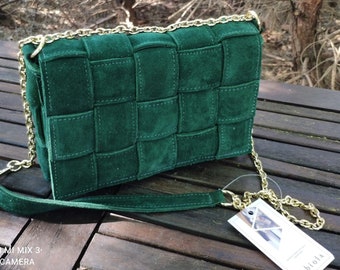 Leather Crossbody bag | Handmade Suede handbag |  RUBBY M bottle green GOLD DoRP