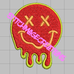 May include: A red and yellow embroidered smiley face patch with dripping edges. The eyes are crossed out with an 'X'.