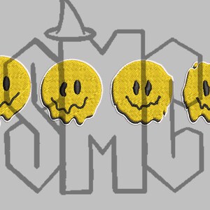 Könnte beinhalten: Vier gelbe Smiley-Patches mit tropfenden Rändern. Die Smileys haben schwarze Augen und einen schwarzen Mund.