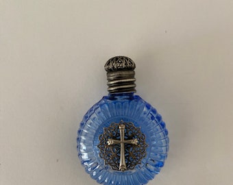 Holy Water Bottle-blue glass,Holy Cross-antique silver