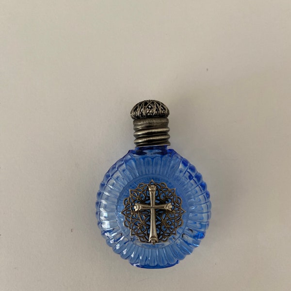 Holy Water Bottle-blue glass,Holy Cross-antique silver