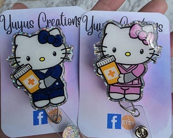 Pharmacy Tech Kitty in Navy Blue & Pink Scrubs Holding a Pill Bottle