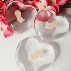 Könnte beinhalten: Drei transparente herzförmige Ornamente mit jeweils einer kleinen, weißen, fetalen Figur. Die Ornamente befinden sich auf einer weißen Oberfläche mit rosa Blütenblättern im Hintergrund.