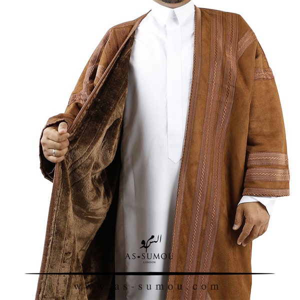 Brown Men’s Farwa Bisht Arabian Coat Fur Lined Warm Winter Coat Arabic Abaya Quality Arab Attire