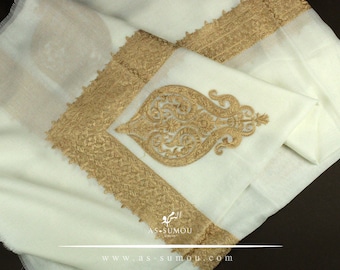 Écharpe brodée Shemagh yéménite authentique blanc cassé Incroyable tenue de l'Aïd Keffieh Imamah Turban Tenue islamique Cadeau ETR506