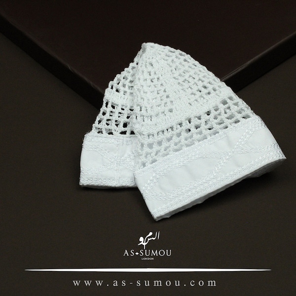 Premium Quality Soft Handmade White Kuwaiti Kufi With Border Khaleeji Arabian Style 100% Cotton