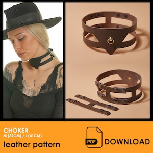 May include: A brown leather choker with a geometric design and metal accents. The choker is available in two sizes: M (39 cm) and L (41 cm). The image also includes a PDF download button for a leather pattern.