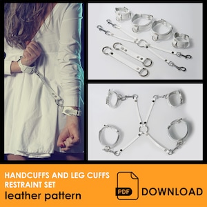 May include: White leather handcuff and leg cuff restraint set pattern. The pattern includes instructions for making a set of handcuffs, leg cuffs, and a connecting strap.  PDF Download.