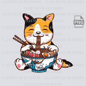 Calico Cat Eating Ramen PNG, Ramen Anime Kitten Design, Cute Feline Ramen, Digital Download, T-Shirt Design, Print On Demand Design