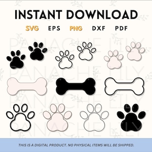 May include: A digital download of 10 black and white dog paw print and bone SVG cut files. The files are perfect for crafting projects, such as making stickers, iron-on transfers, or vinyl decals.