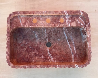 Red Travertine Marble Sink,  Grooved Front, Wall Sink , Hand Carved Sink, Marble Sink, Round Corner