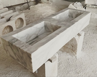 Marmor Waschbecken - Premium Marmor Waschbecken, Weißes Marmor Waschbecken, Naturstein Waschbecken - Spülbecken - Weißes Waschbecken 20x45x120 cm