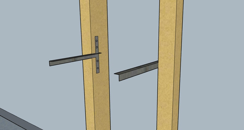 May include: Two metal brackets are attached to two wooden beams. The brackets are used to support a shelf or other structure.