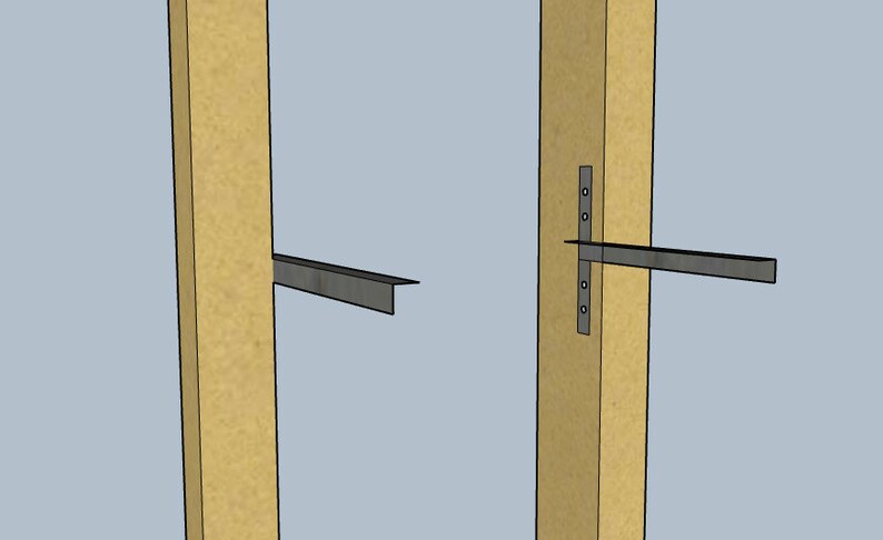 May include: Two metal shelf brackets attached to wooden posts. The brackets are made of metal and have a silver finish. The brackets are attached to the posts with screws.