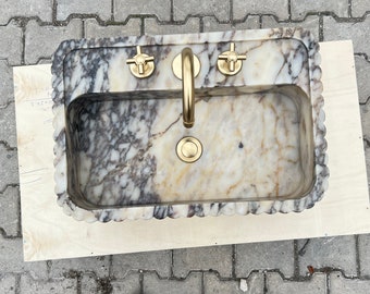 Lavabo de mármol Calacatta Viola con frente ranurado, lavabo de mármol de pared