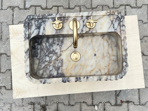 Calacatta Viola  Marble Sink  Grooved Front, Wall Marble Sink