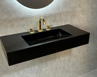 Nero Marquina marmeren wastafel en wastafel, damestoilet ijdelheid wastafels en wastafel, wastafel en wastafel, verborgen afvoergootsteen