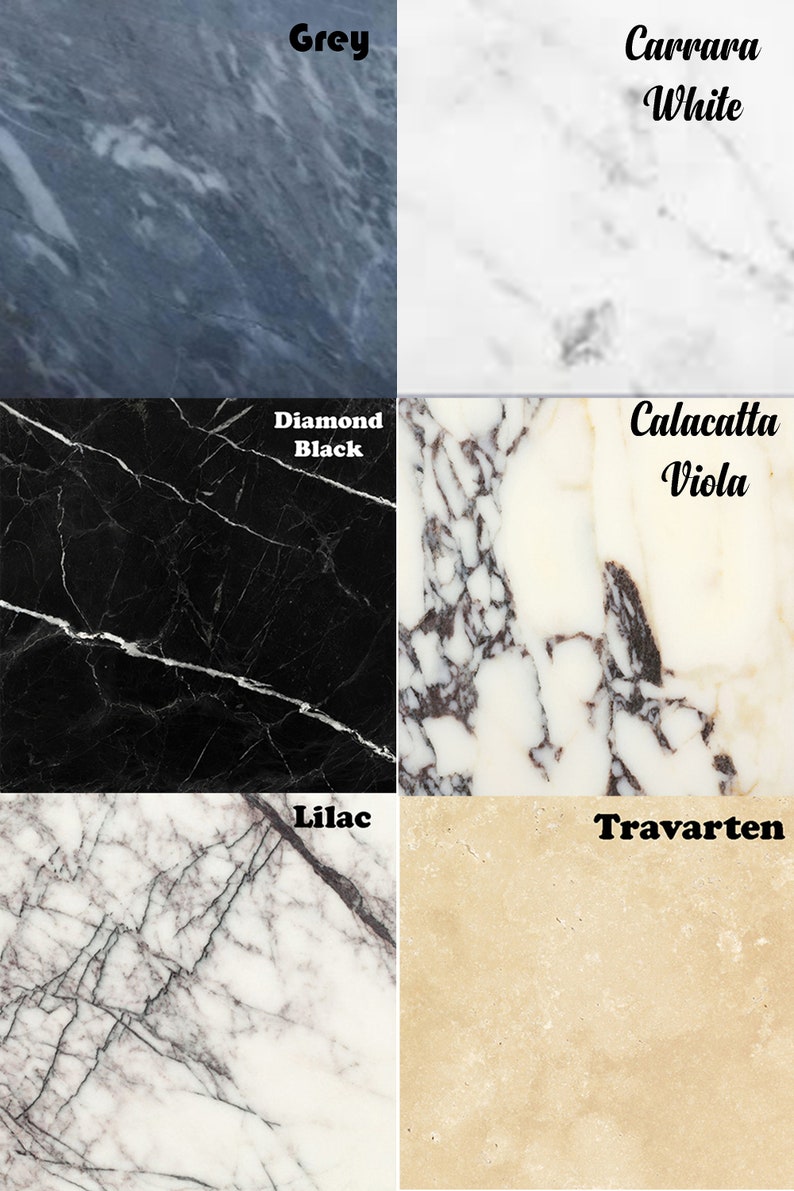 Pu&ograve; includere: Un collage di sei diversi campioni di marmo, tra cui Grigio, Bianco Carrara, Nero Diamante, Calacatta Viola, Lilla e Travertino.