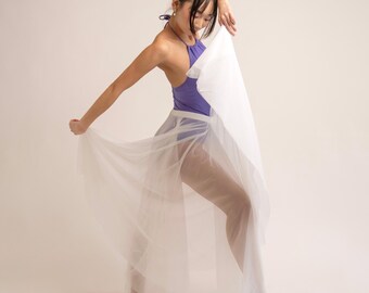 May include: A woman wearing a purple leotard and a white tulle skirt is dancing. She is wearing ballet shoes and has her hair pulled back in a bun.