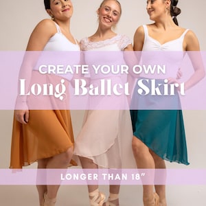 Może przedstawiać: Trzy tancerki w długich spódnicach baletowych w odcieniach pomarańczu, bieli i turkusu. Tekst na zdjęciu brzmi "Create Your Own Long Ballet Skirt" i "Longer Than 18". Spódnice są połączone z białymi topami i baletkami.