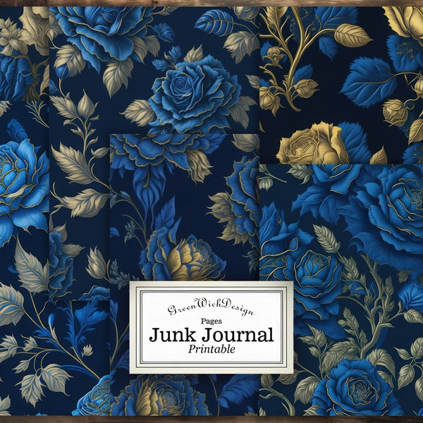 28 Page Golden Elegance on Blue Background: DAMASK Collection for Journaling