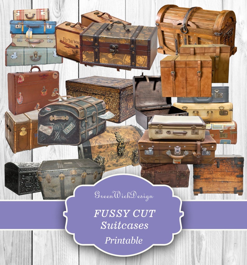 Fussy Cut Suitcases, Junk Journal Ephemera, Print and Cut, Junk Journal, Digital Download image 1