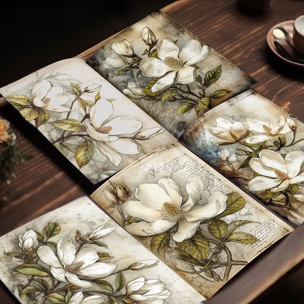 Botanical Junk Journal Pages with Magnolia Flowers - PDF