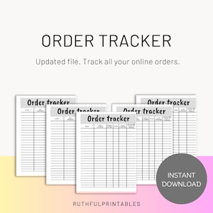 May include: Five printable order tracker sheets with gray headers and black lines. The headers include "Shop", "Item Ordered", "Order Number", "Price", "Date Ordered", and "Estimated Date of Arrival". The text "Order Tracker" is at the top of each sheet. The text "Instant Download" is at the bottom right of the image.