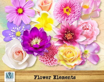 Flower Elements, Digital Collage Sheet,  JPG and PNG Printable, Instant Download