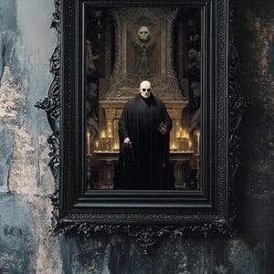 May include: A black ornate picture frame with a dark interior. The frame contains a painting of a man in a black robe standing in a dimly lit room with candles. The man is holding a small object in his hand.