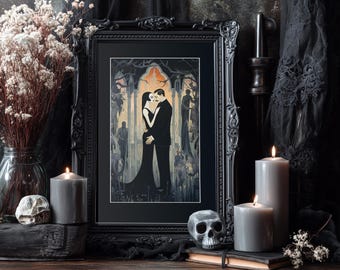 May include: A framed art print depicts a couple embracing in a gothic setting, framed in black. The artwork is surrounded by candles, a skull, and dried flowers, creating a dark, romantic ambiance. The color palette is primarily black, gray, and cream.
