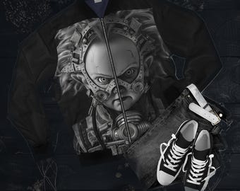 Chaqueta bomber con estampado de muñeca poseída ciberpunk - Estilo futurista