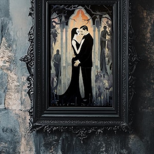 May include: A framed gothic artwork depicting a couple in black, embracing. The painting shows a gothic archway and shadowy figures. The ornate black frame enhances the artwork's dark aesthetic. The artwork is framed in a black ornate frame.