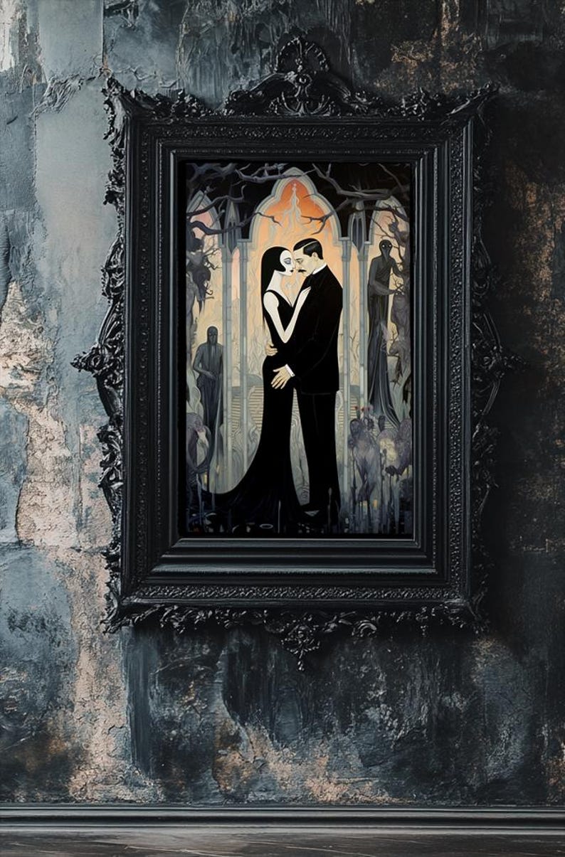 May include: A framed gothic artwork depicting a couple in black, embracing. The painting shows a gothic archway and shadowy figures. The ornate black frame enhances the artwork's dark aesthetic. The artwork is framed in a black ornate frame.