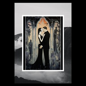 May include: A gothic-style illustration of a couple in an embrace. The woman is in a black dress, and the man wears a black suit. The background features shadowy figures and a muted colour palette, creating a dark, romantic atmosphere.
