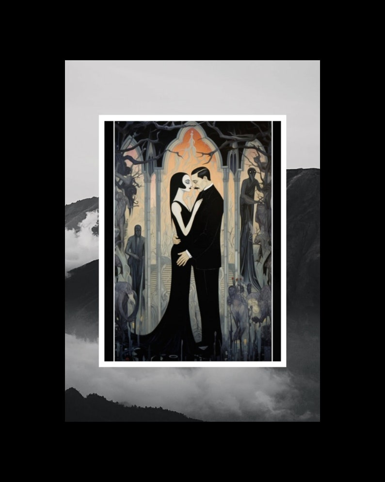 May include: A gothic-style illustration of a couple in an embrace. The woman is in a black dress, and the man wears a black suit. The background features shadowy figures and a muted colour palette, creating a dark, romantic atmosphere.