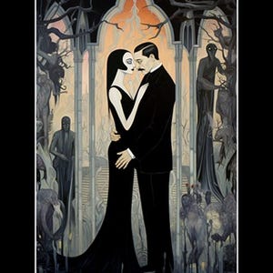 May include: A gothic-style illustration depicting a couple in an embrace. The woman is in a black gown, and the man wears a black suit. The background shows a church-like structure with dark figures and trees, creating a dramatic and eerie atmosphere.
