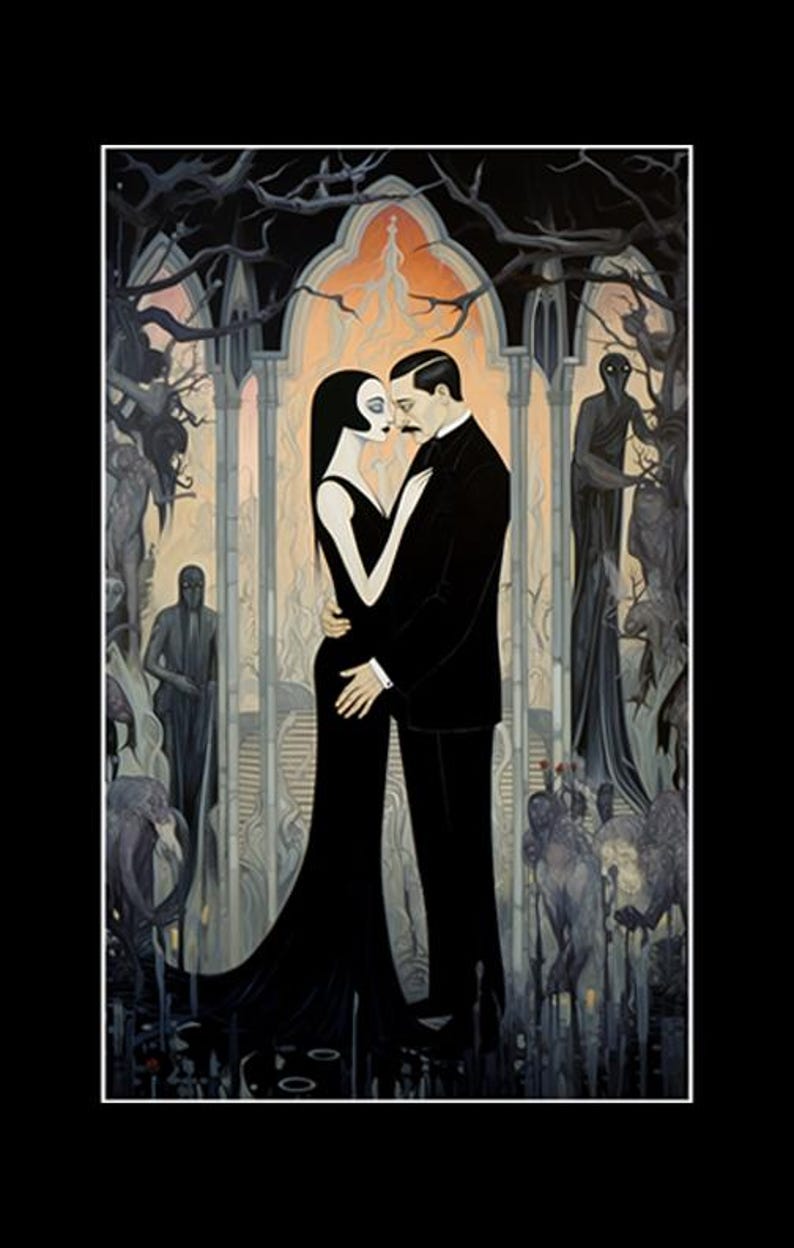 May include: A gothic-style illustration depicting a couple in an embrace. The woman is in a black gown, and the man wears a black suit. The background shows a church-like structure with dark figures and trees, creating a dramatic and eerie atmosphere.