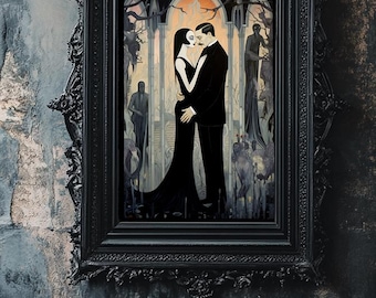 May include: A framed art print featuring a couple in black formal attire embracing in front of a gothic archway. The background includes dark, leafless trees and shadowy figures. The ornate black frame has intricate, carved detailing throughout.