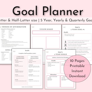 Goal Planner Printable, Fillable, Weekly, Monthly, Quarterly, Yearly, 5 Year Goals, SMART Goal, New Year, Vision Board, Reflections, letter
