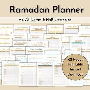 May include: A printable Ramadan planner with 62 pages, featuring a variety of checklists and trackers for activities like budgeting, meal planning, gift giving, and prayer. The planner is available in A4, A5, Letter, and Half-Letter sizes.