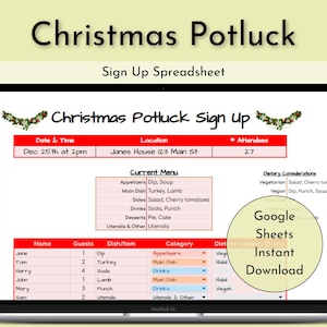 Christmas Potluck Sign-Up Spreadsheet, Google Sheets (Digital Download)