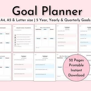 Goal Planner Printable, Workbook, Weekly, Monthly, Quarterly, Yearly, 5 Year Goals, SMART Goal, New Year, Vision Board, Reflections