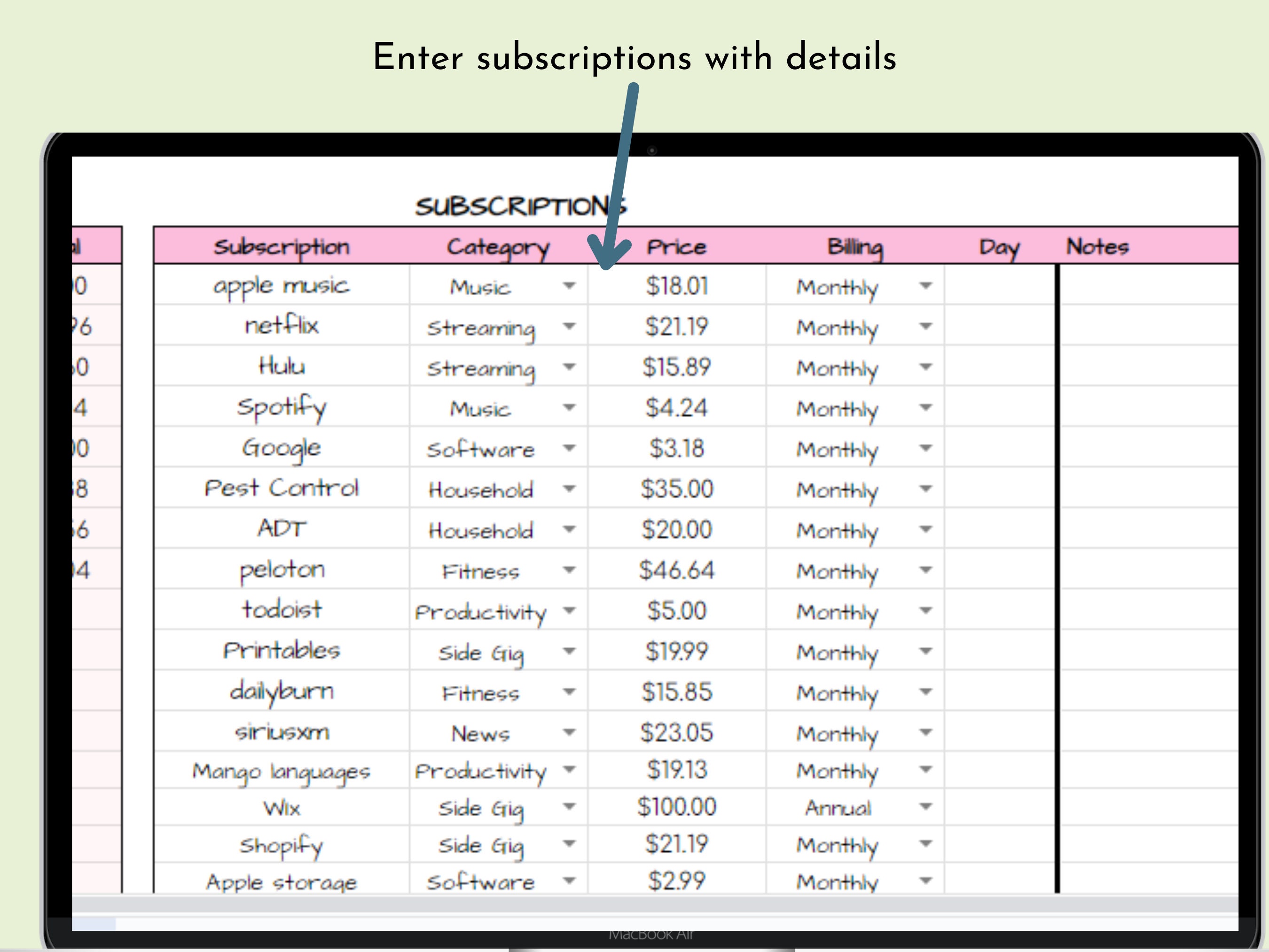 Subscriptions Spreadsheet Subscription Tracker Spreadsheet, Google Sheets Bill Budget Template ...